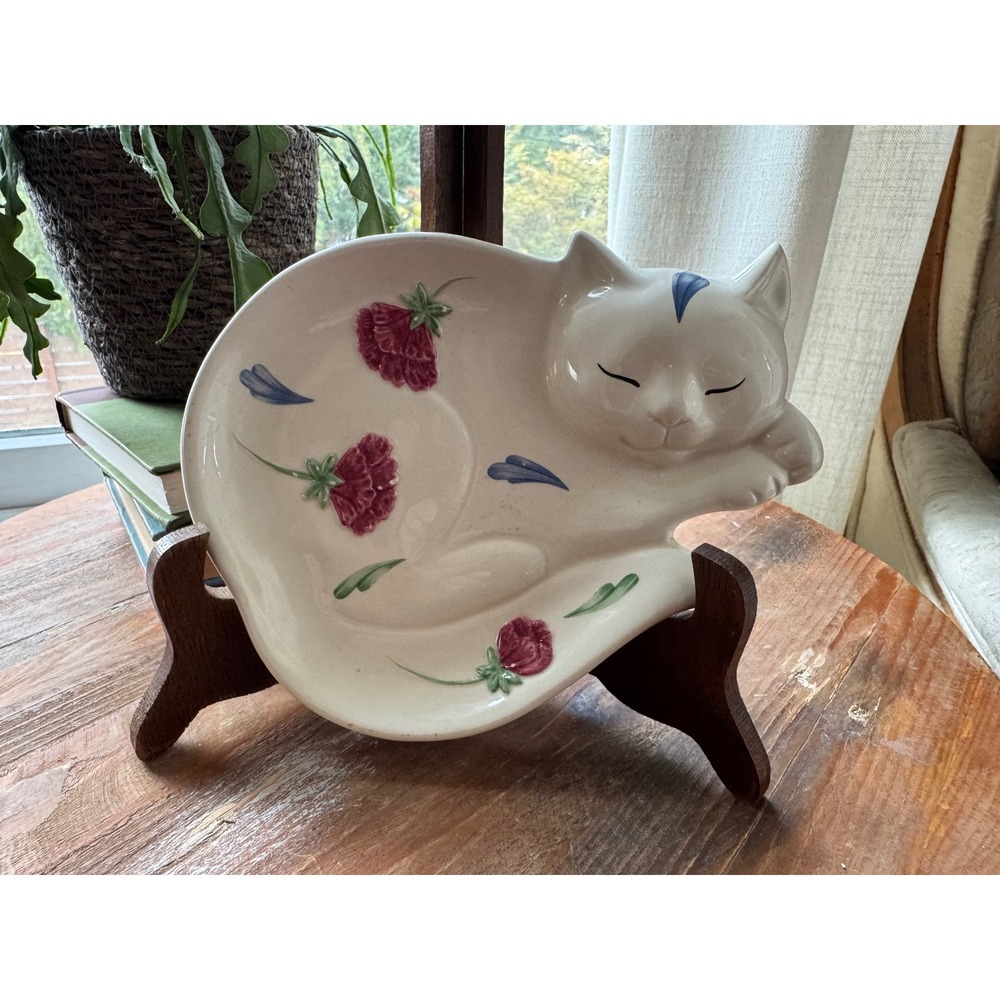 Lenox Poppies on Blue Sleeping Cat Trinket Dish Porcelain Floral White Red Blue